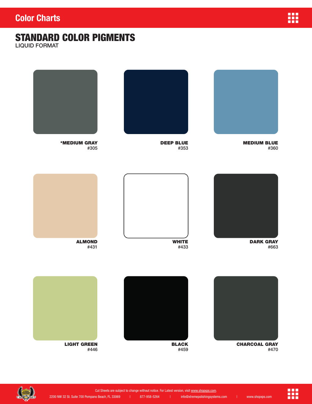 XPS Solid / standard liquid pigment color chart